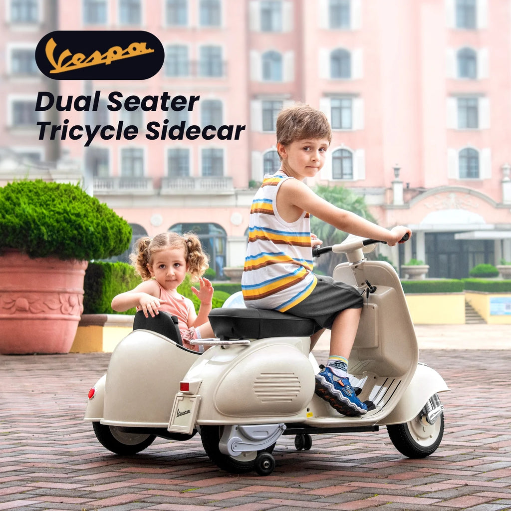 12V Licensed Vespa Ride on Motorcycle with Side Car, 2-Seater Electric Car for Kids, Grey J684