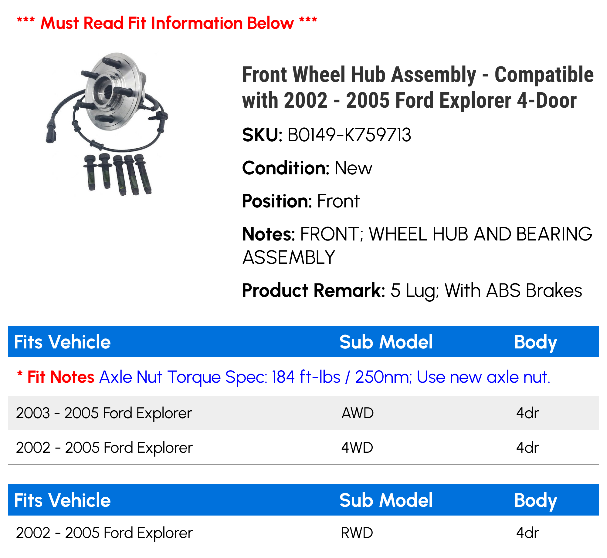 Front Wheel Hub Assembly for Ford Explorer 4-Door X790