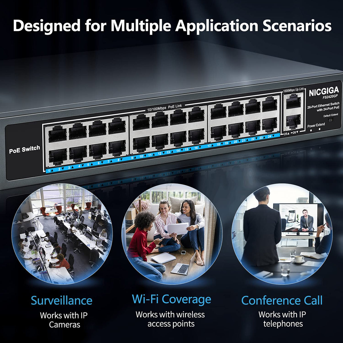 26 Port PoE Switch with 24 Ports 10/100Mbps PoE+@400W, 2 Gigabit Uplink Ports, VLAN Mode, Metal Case, Rack Mount T525579