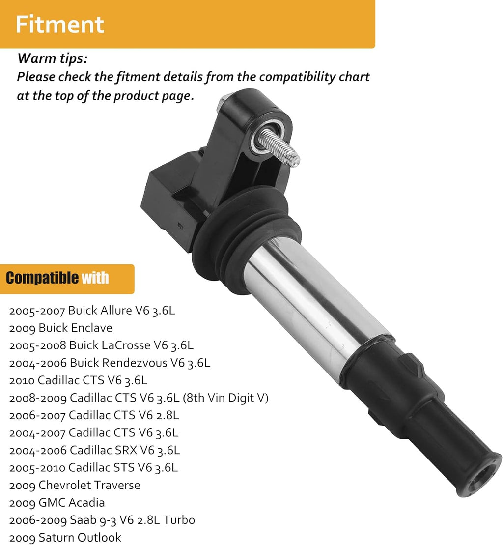 Ignition Coil Pack of 6 Replacement for 3.6L 2004-2009 Cadillac CTS SRX STS, Saab 9-3, Buick Allure LaCrosse Rendezvous, Saturn Outlook Traverse Acadia N157
