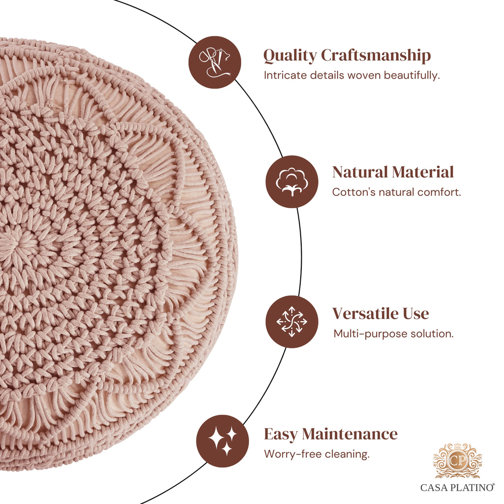 Dusty Pink Hand Knitted Macrame Pouf Ottoman Q6129