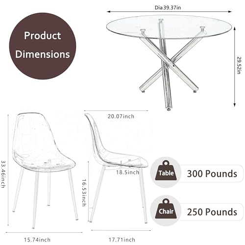 47'' Round Glass Dining Table Set for 4 with Clear Acrylic Chair P957