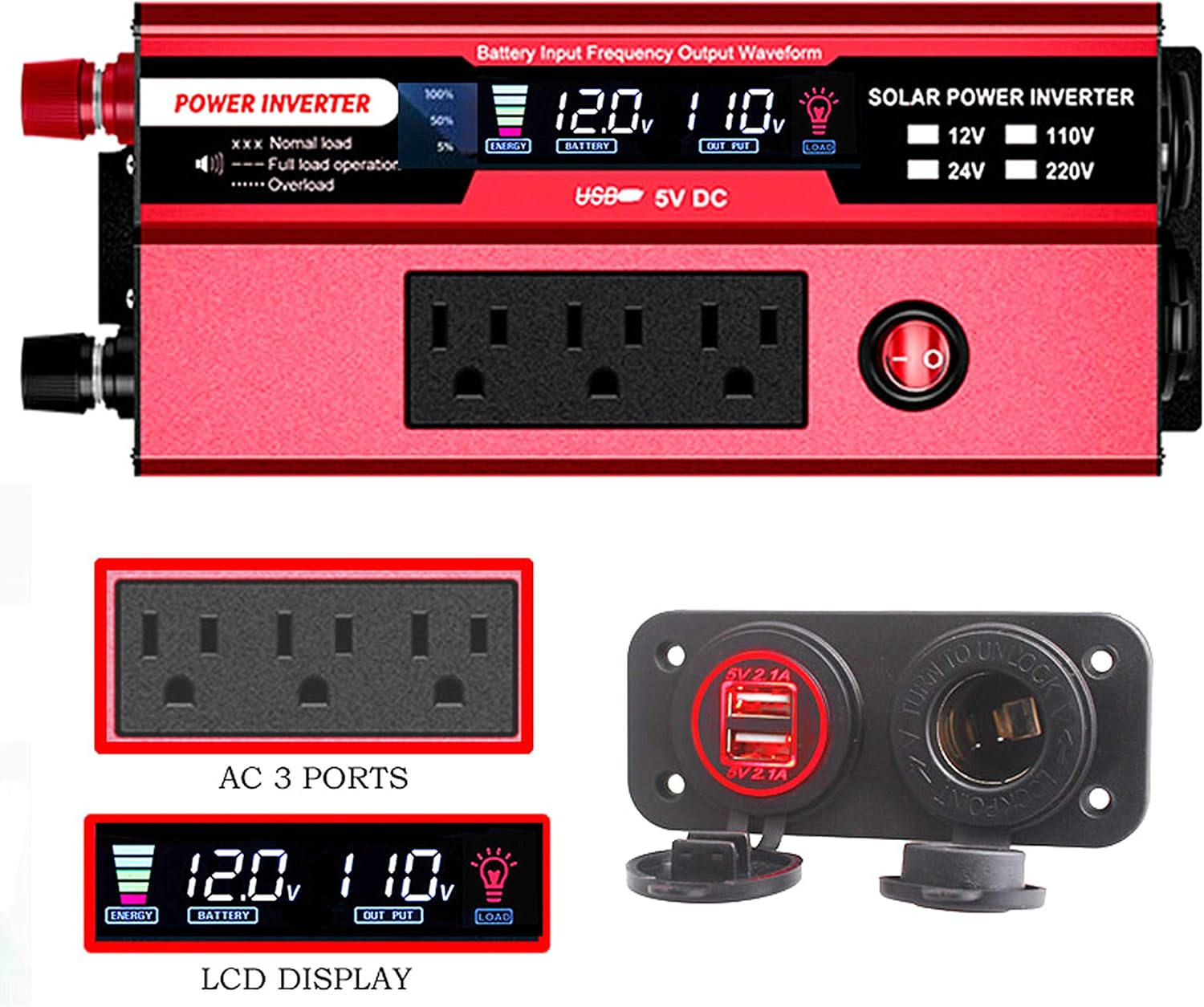 Car Power Inverter Dual Output Socket DC 12V to 110V AC 2 USB Ports with LCD Screen C70689