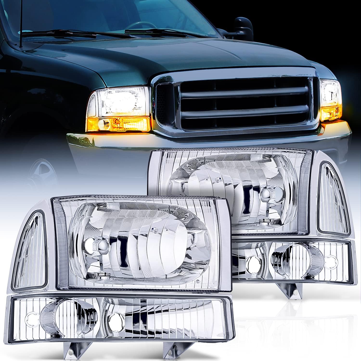Headlight Assembly Replacement 4 Pack Black Housing Clear Lens G3940