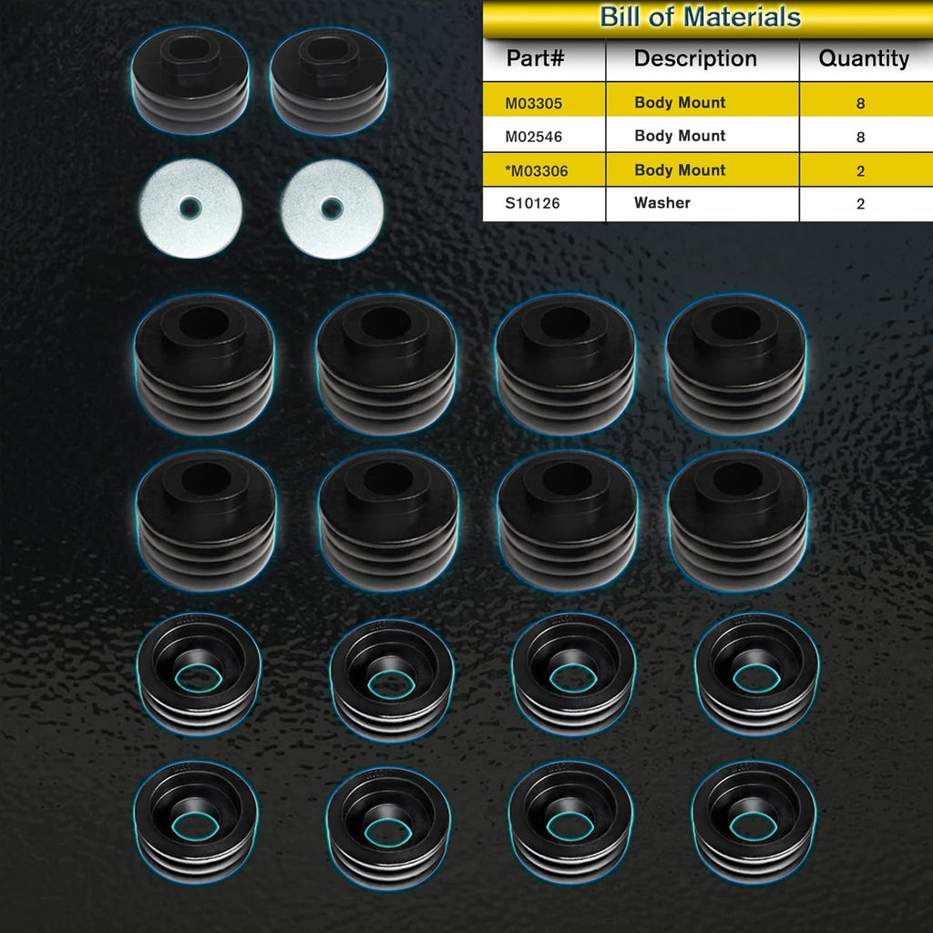 Body Mount Bushing Kit, Polyurethane, Black, 18Pcs C63474