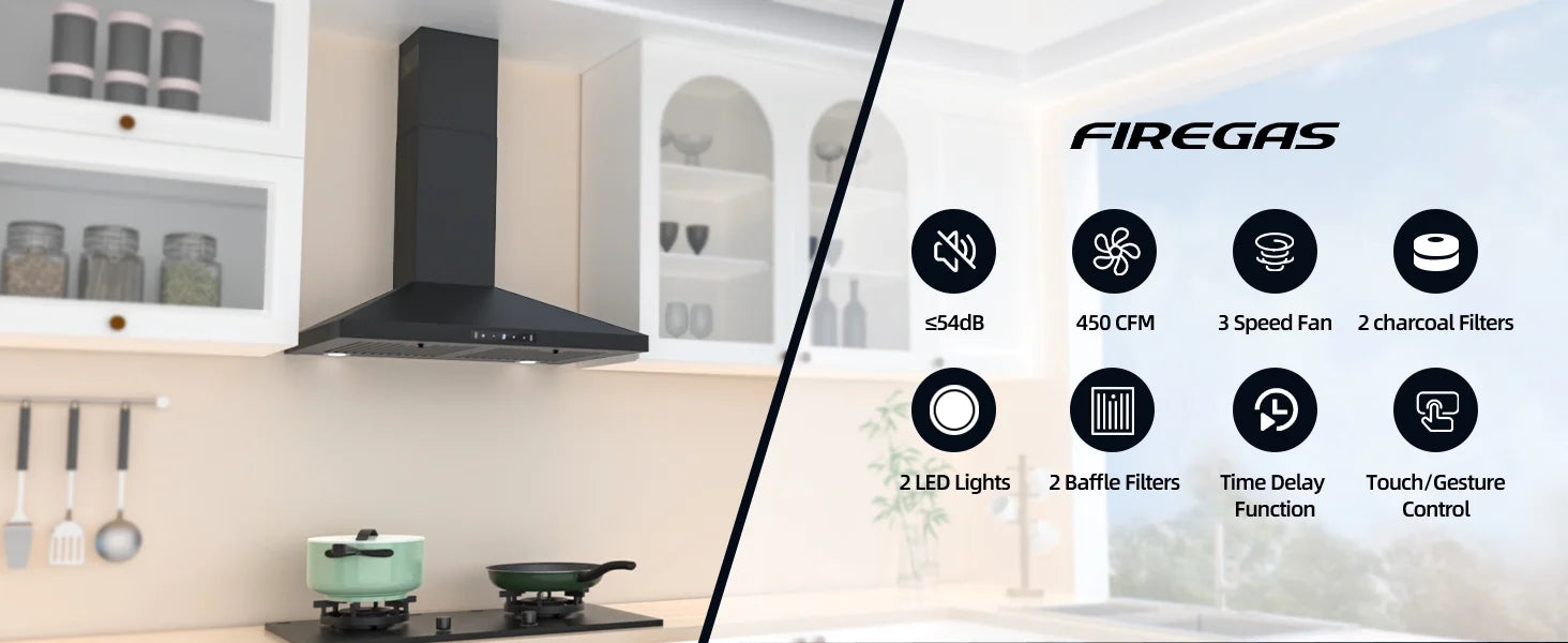 Stainless Steel Wall Mount Range Hood 30 Inch 600 CFM 3 Speed Ducted Ductless Convertible A68383
