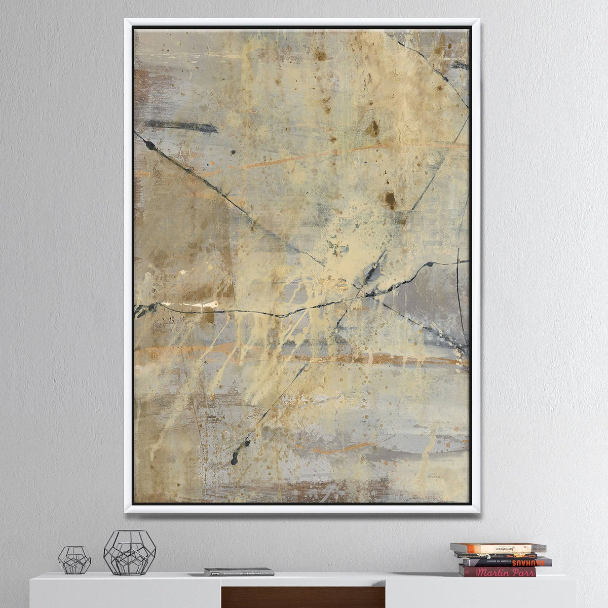Geometric Cream Block Framed Canvas, 16 inch x 32 inch B763