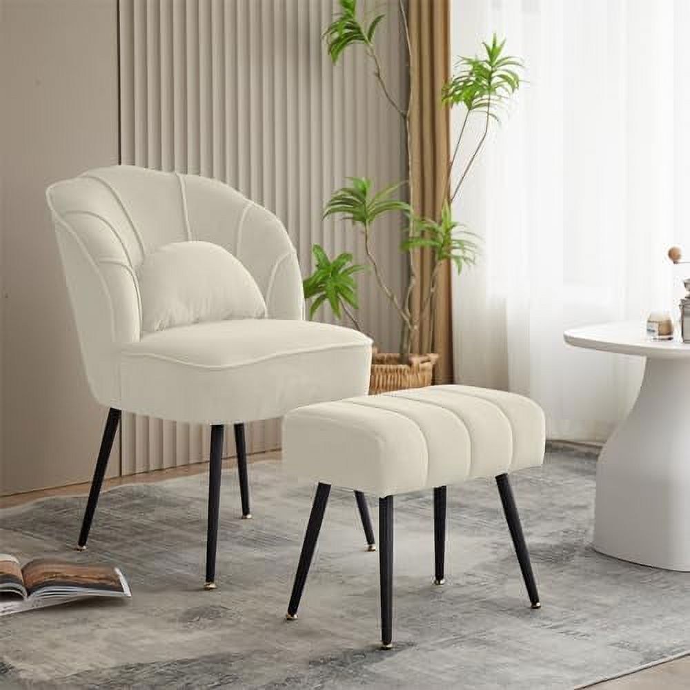 Beige Velvet Accent Chair with Ottoman and Metal Legs N164