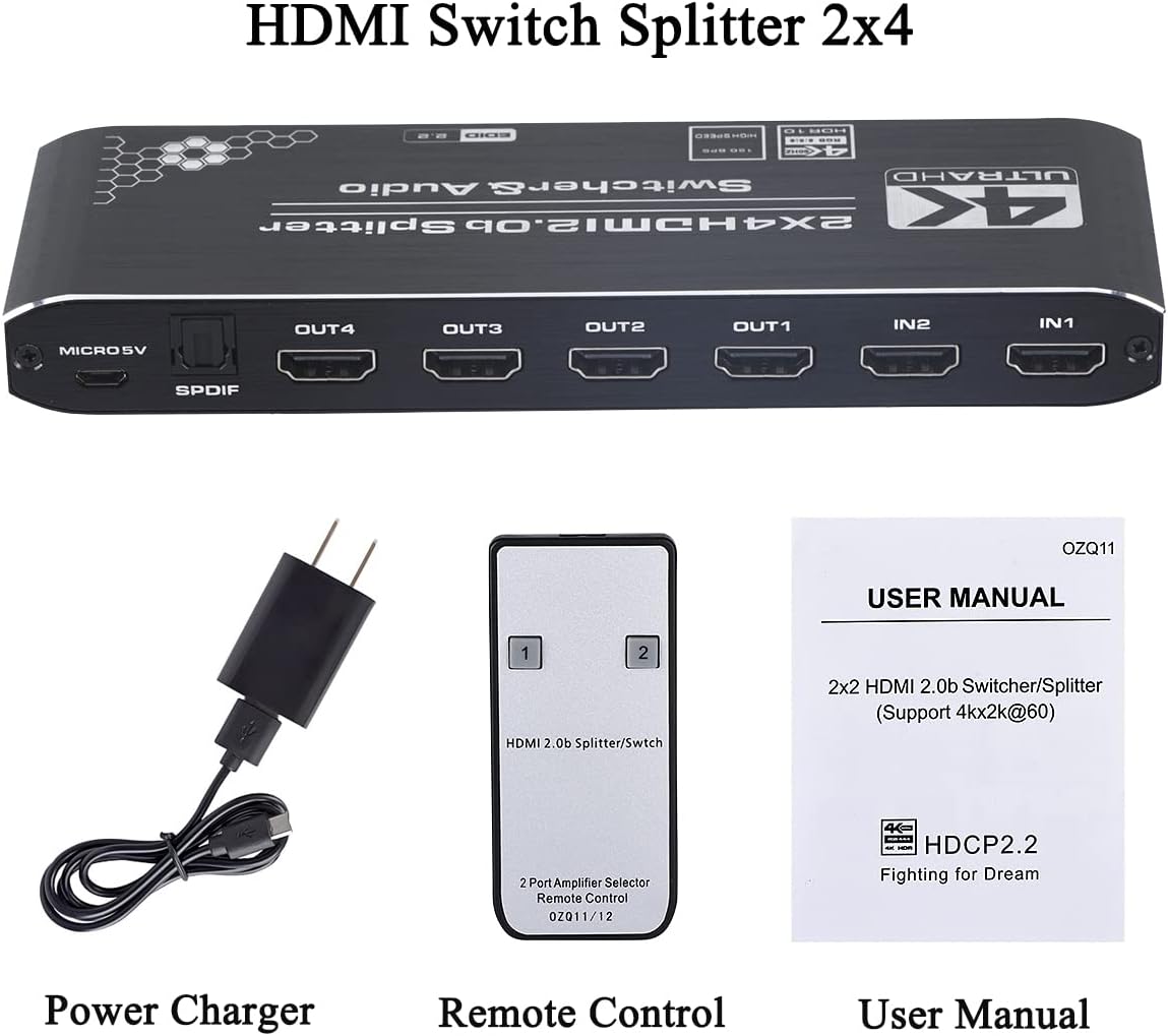 4K HDMI Splitter 2x4 with Audio Extractor and IR Remote Control, Pack of 2 K808