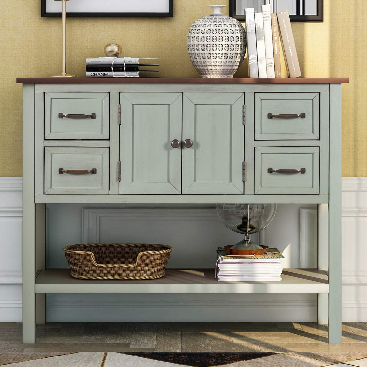 White & Brown Wood Console Table with Drawers & Open Shelf V76855
