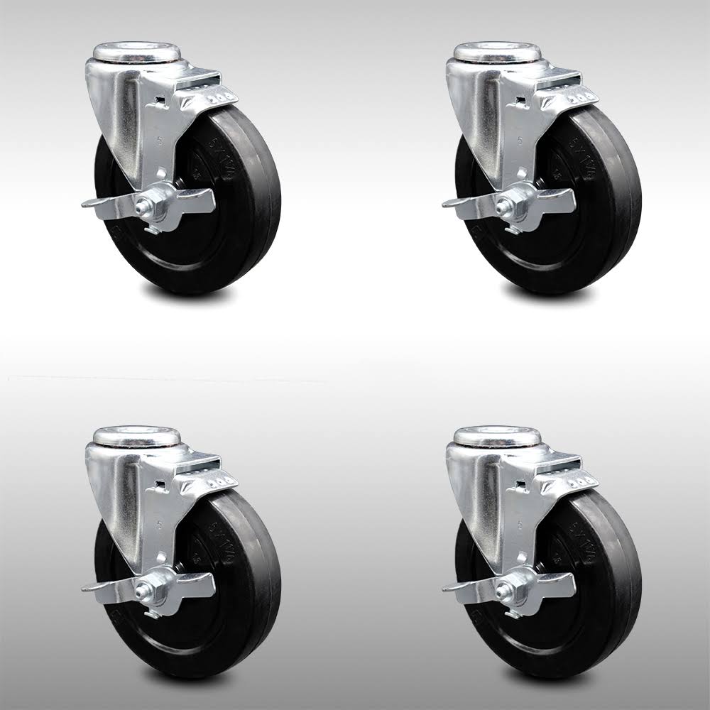 5 inch Soft Rubber Wheel Swivel Bolt Hole Caster Set with Brake F77542