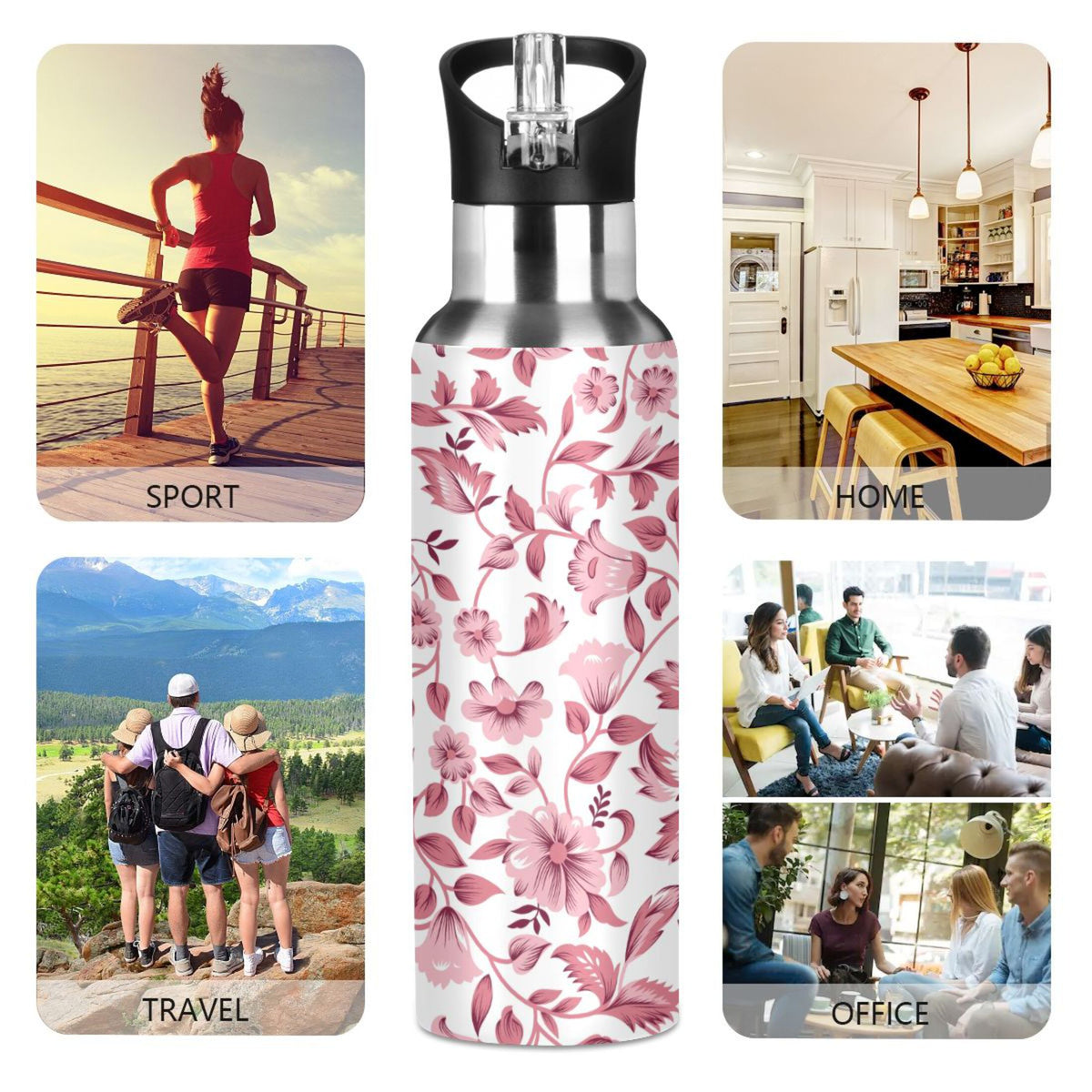 Pink Floral Insulated Stainless Steel Water Bottle with Straw Lid Leakproof 20 oz C224221
