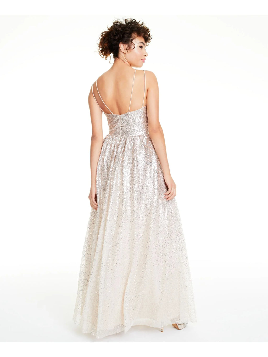 Beige Sequined Spaghetti Strap Evening Dress D24871