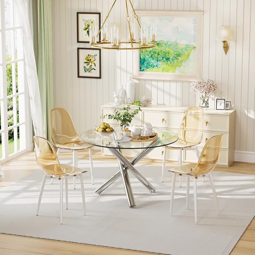 47'' Round Glass Dining Table Set for 4 with Clear Acrylic Chair P957
