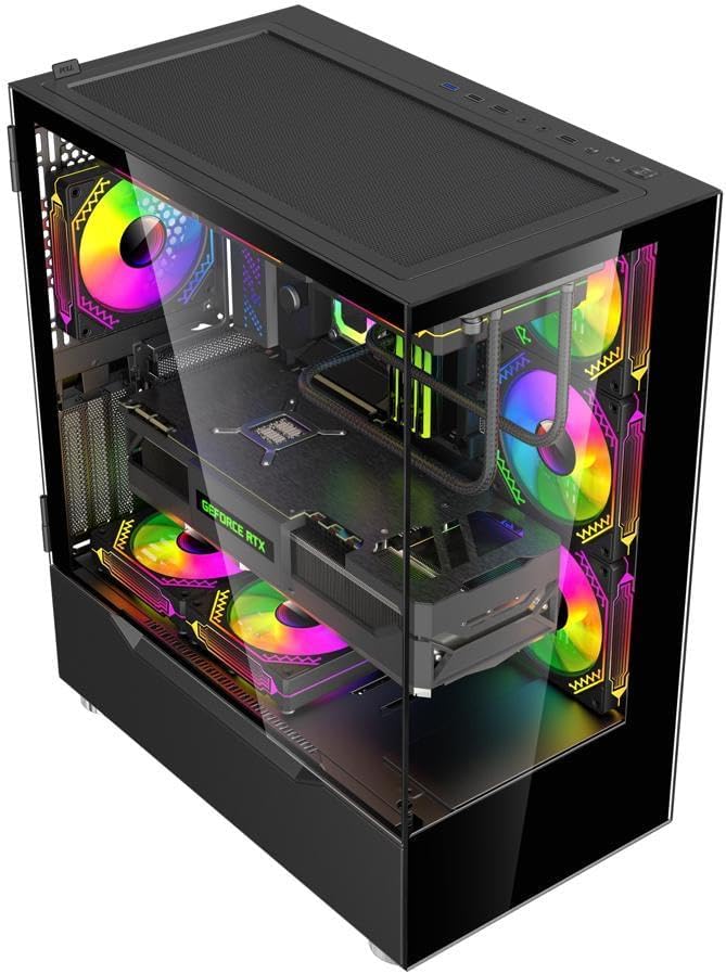 Black ATX Mid Tower Computer Case with Dual Tempered Glass Panel and 4 x ARGB 120mm Fans L135