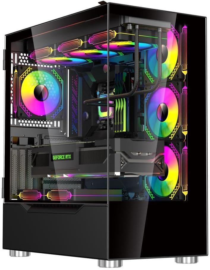Black ATX Mid Tower Computer Case with Dual Tempered Glass Panel and 4 x ARGB 120mm Fans L135
