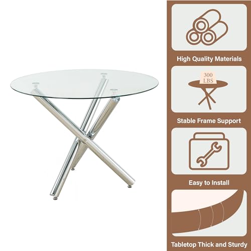 47'' Round Glass Dining Table Set for 4 with Clear Acrylic Chair P957