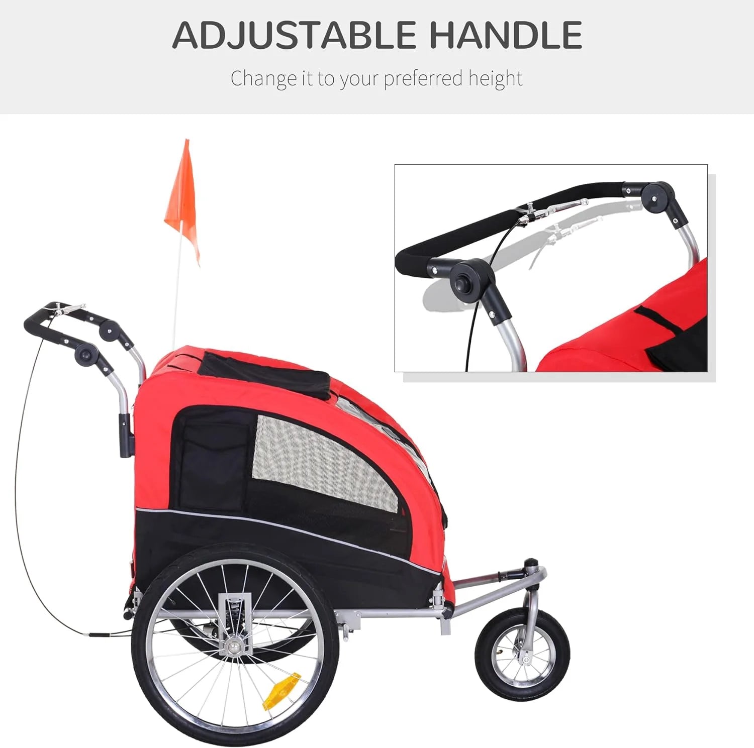 Red Dog Bike Trailer Pet Stroller With Canopy And Storage Pockets W867
