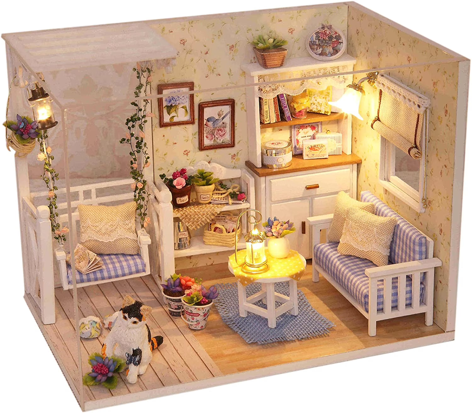 Wooden Dollhouse Miniatures DIY House Kit with Led Light Q915