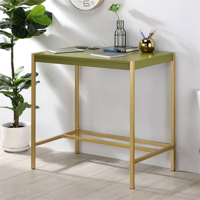 Olive and Gold Wood Writing Desk with USB Port P164