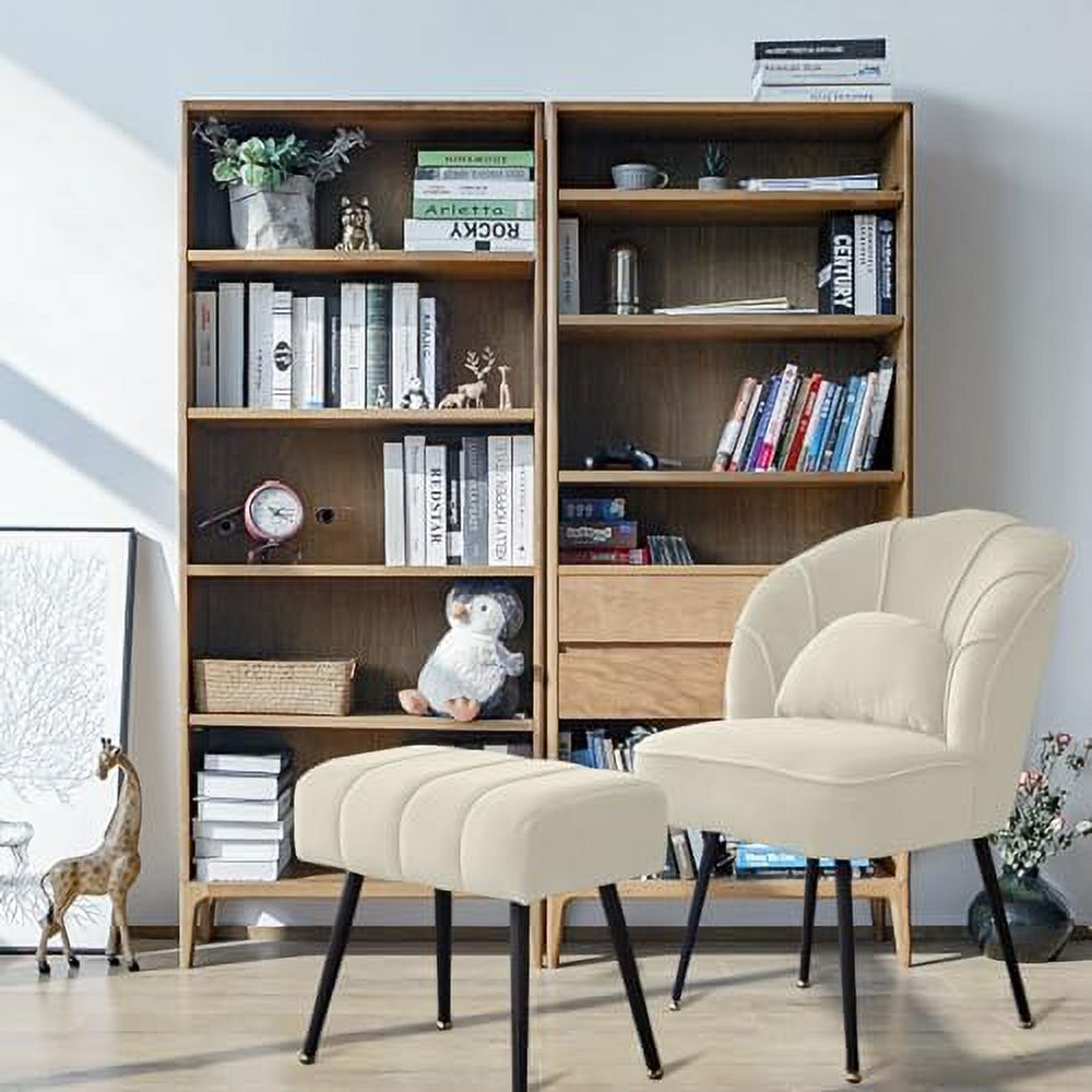Beige Velvet Accent Chair with Ottoman and Metal Legs N164