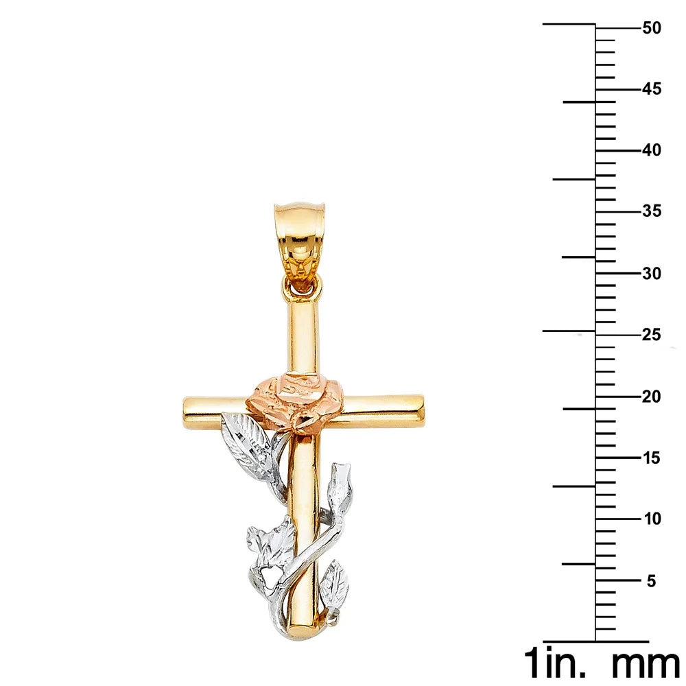 14K Tri-Tone Gold Floral Cross Pendant with 18" Chain Necklace H6319