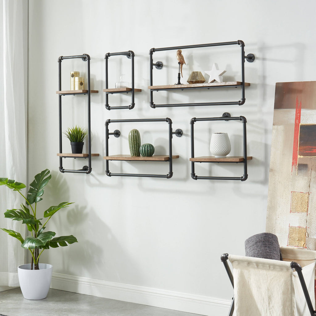 Sand Black 5-Piece Industrial Pipe Wall Shelf Set M99564