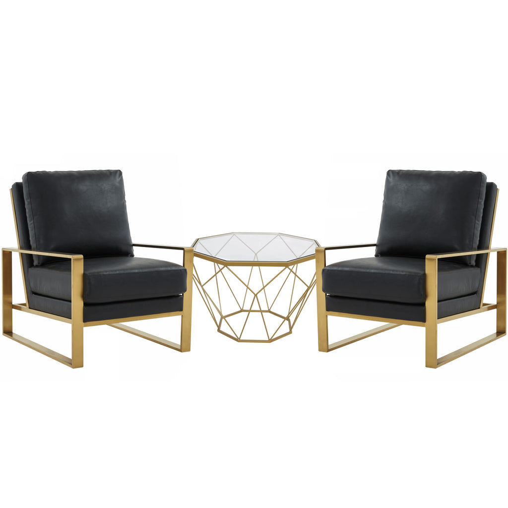 Black Leather Arm Chair Set of 2 and Octagonal Coffee Table with Gold Geometric Base T906
