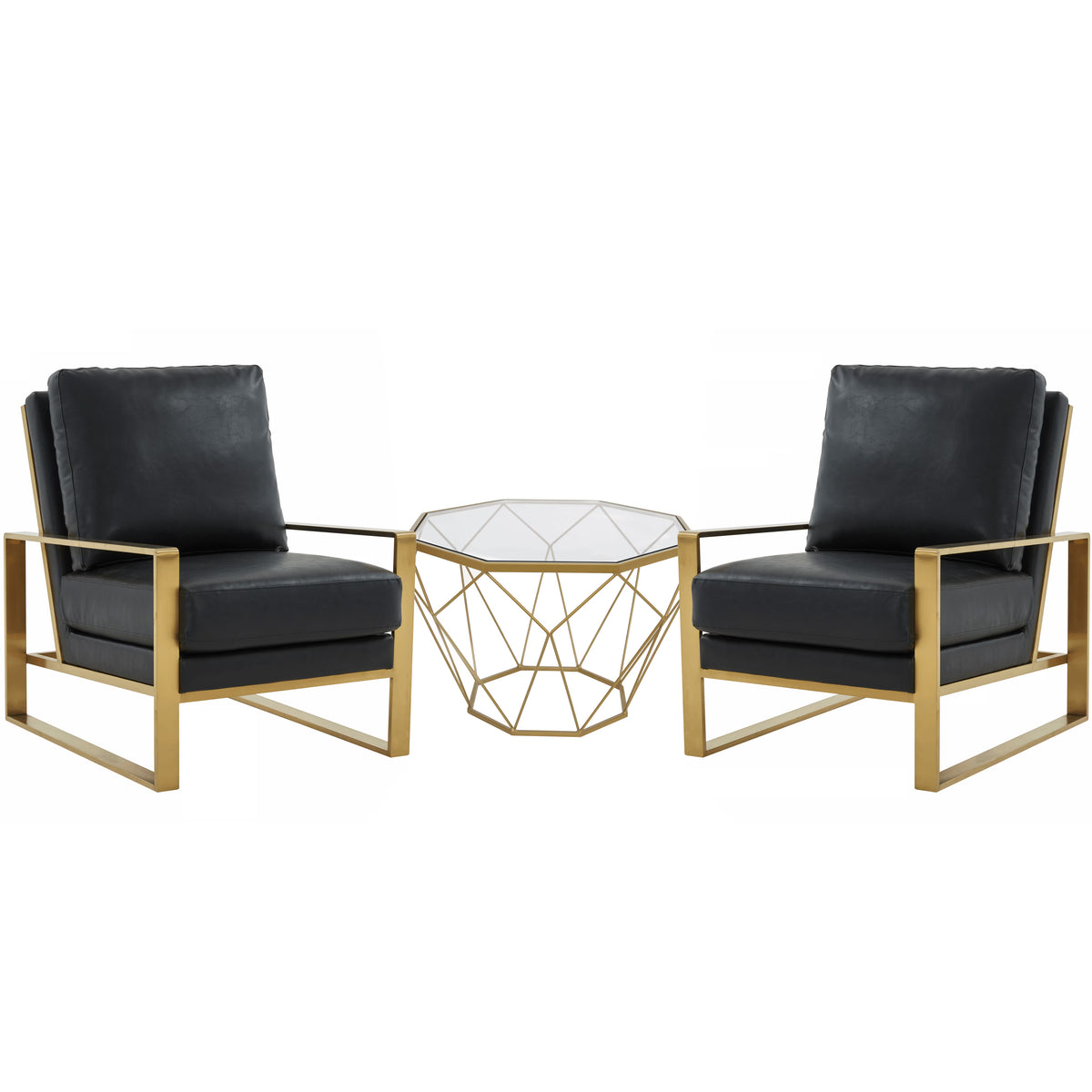 Black Leather Arm Chair Set of 2 and Octagonal Coffee Table with Gold Geometric Base T906