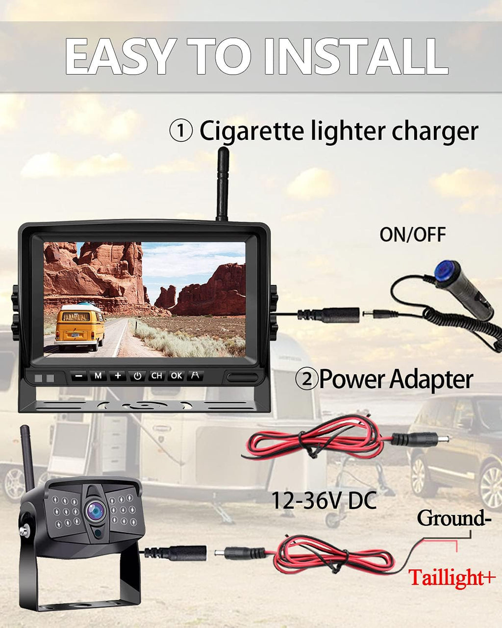 Wireless 1080P RV Backup Camera with 7'' DVR 4 Split Screen Monitor J684