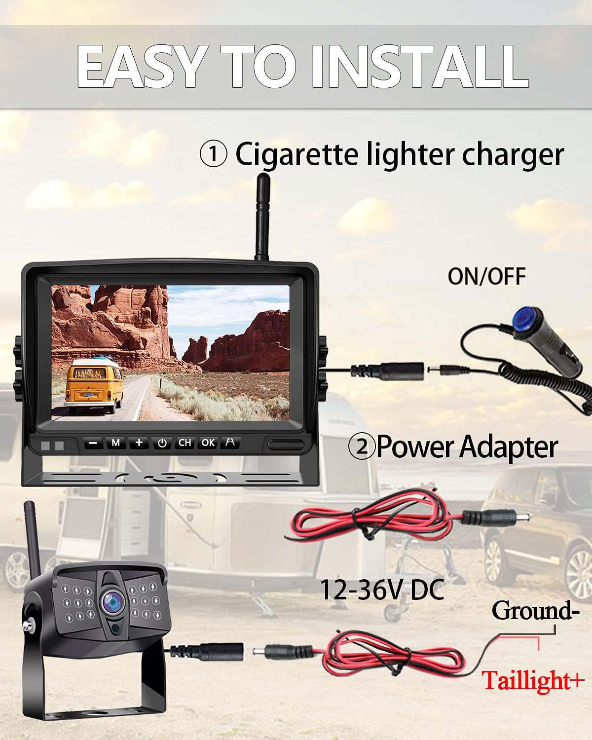 Wireless 1080P RV Backup Camera with 7'' DVR 4 Split Screen Monitor J684