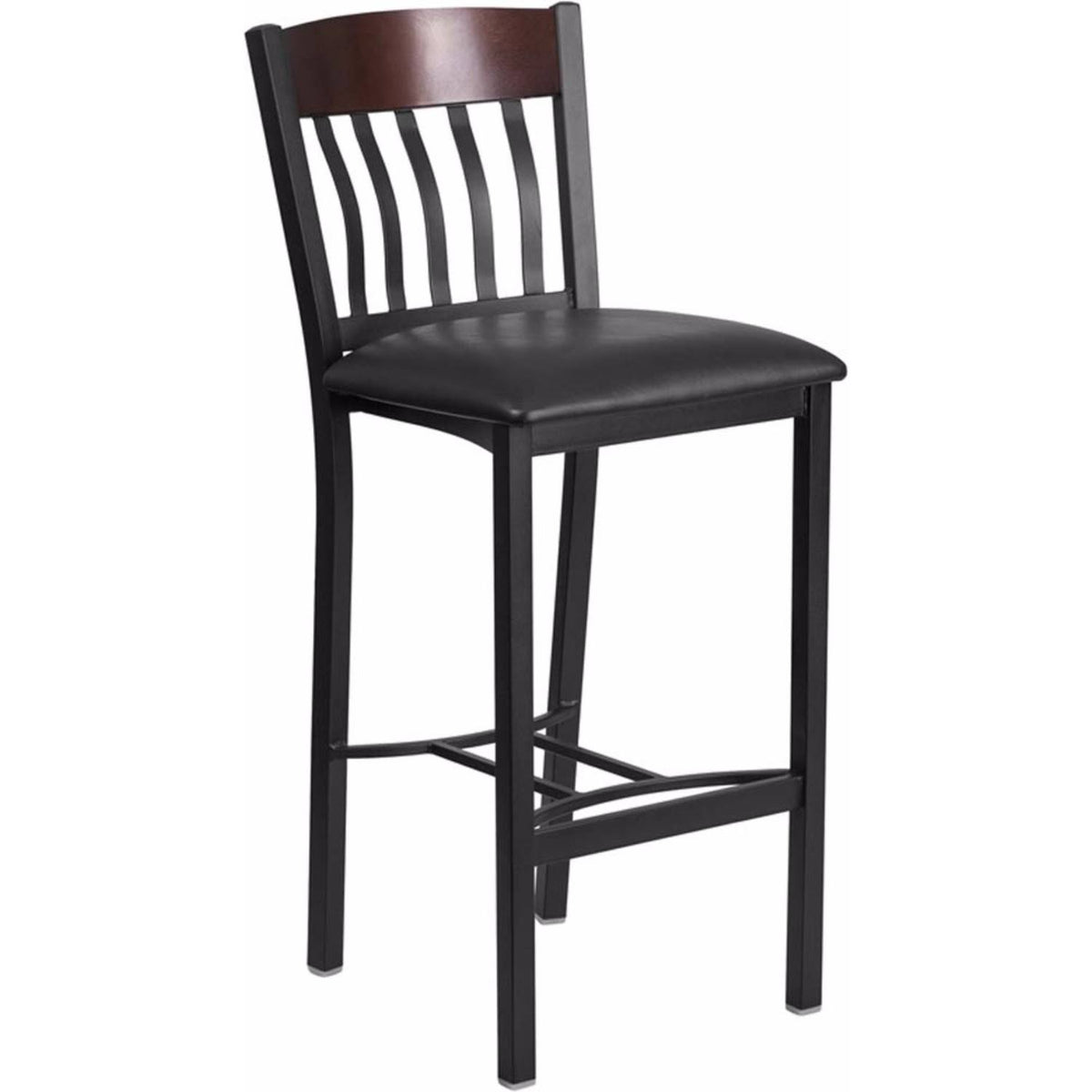 Black Metal and Walnut Wood Restaurant Barstool with Black Vinyl Seat L534490