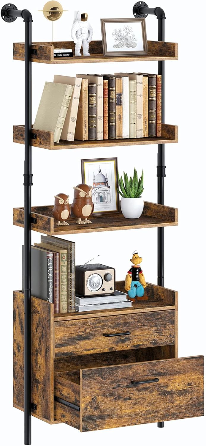 Industrial Bookshelf with 2 Wood Drawers, Wall Mounted 3-Tier Bookcase, Rustic Brown Z360