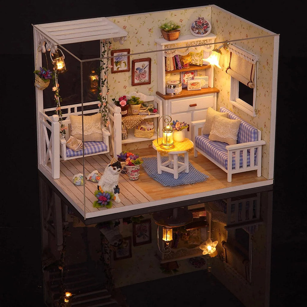 Wooden Dollhouse Miniatures DIY House Kit with Led Light Q915