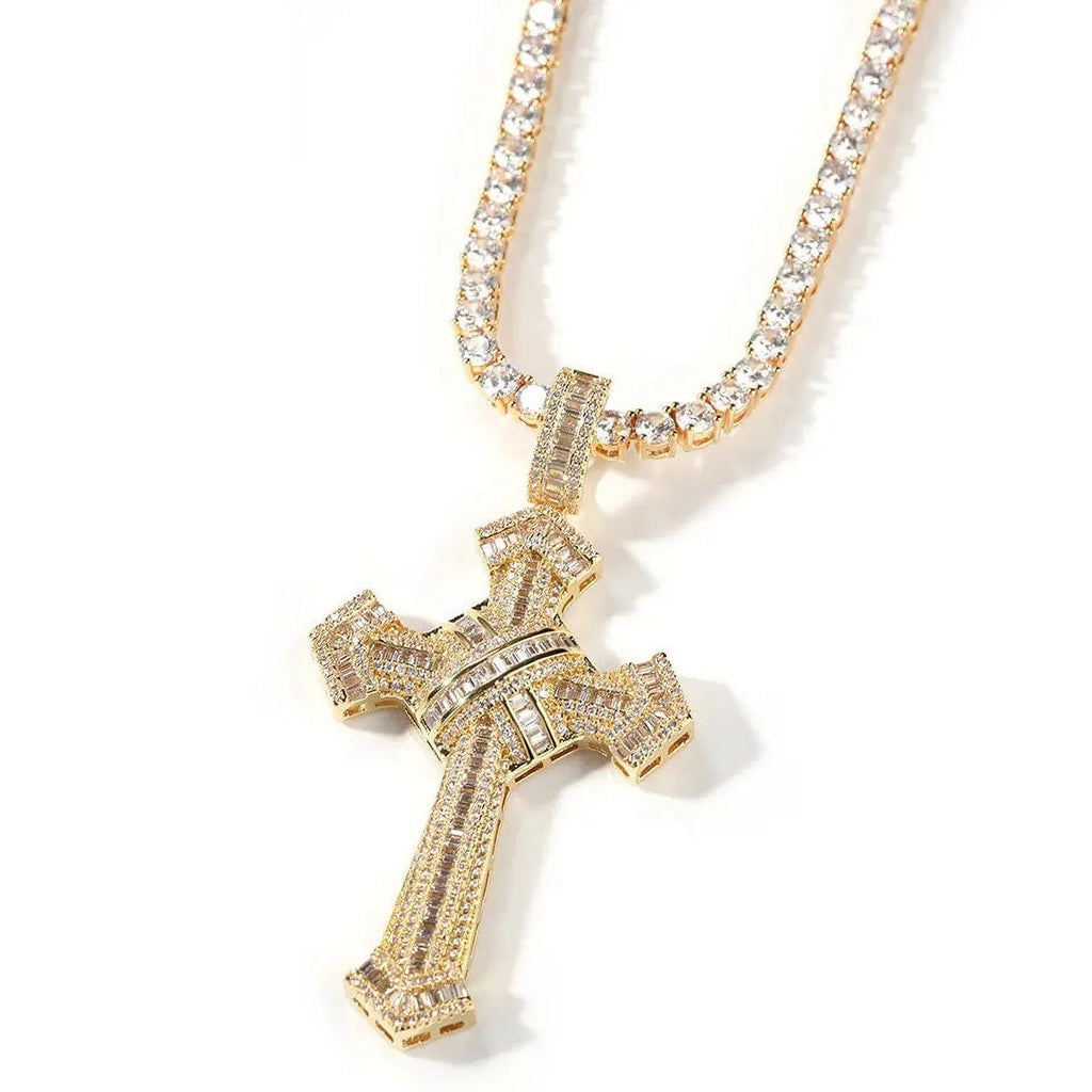 14K Gold Simulated Diamond Cross Pendant Necklace U8369