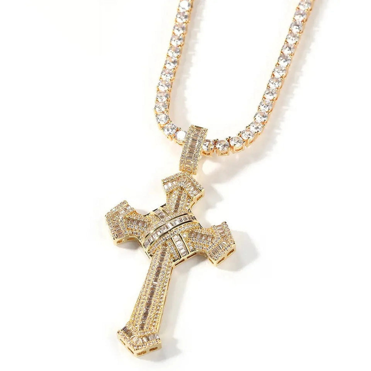 14K Gold Simulated Diamond Cross Pendant Necklace U8369