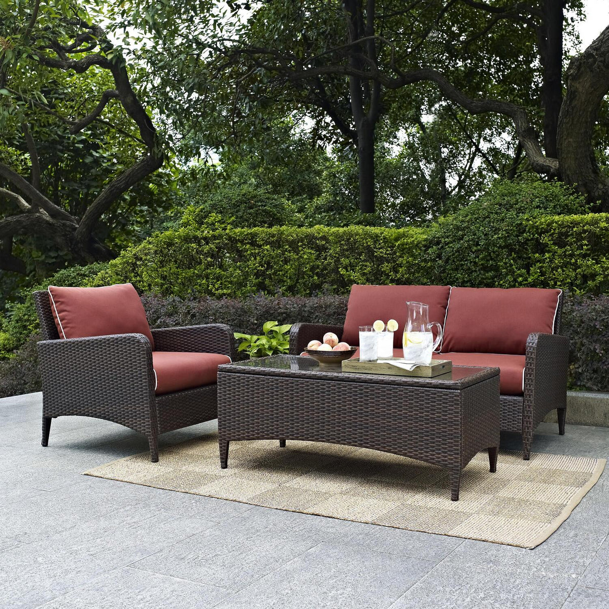 3Pc Outdoor Wicker Conversation Set Sangria/Brown V921517