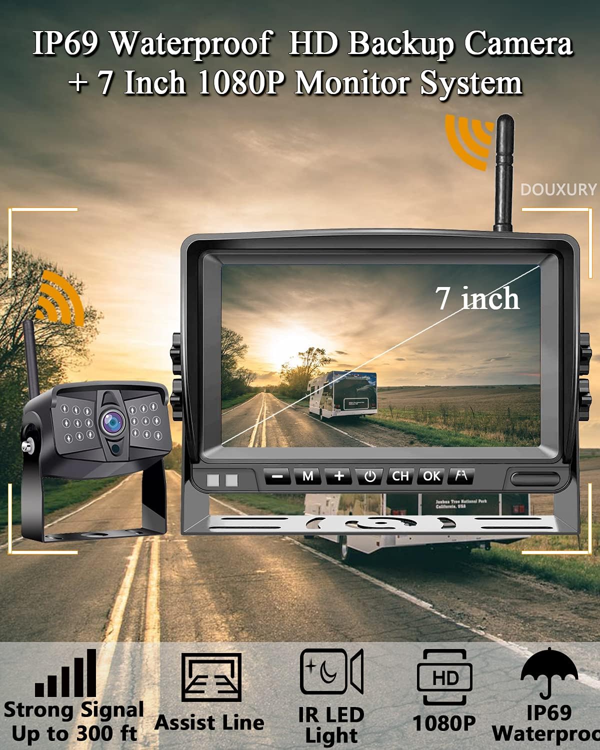 Wireless 1080P RV Backup Camera with 7'' DVR 4 Split Screen Monitor J684