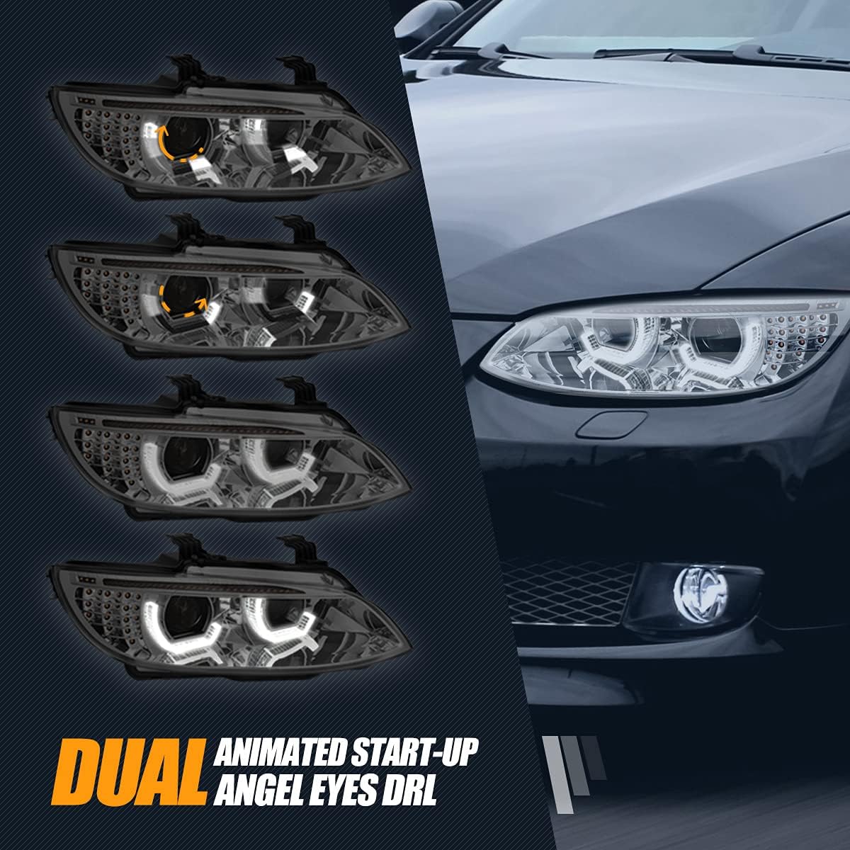 Dual Animated Start-Up Halo Sequential LED Turn Signal Projector HID Headlights, Chrome Housing Q123