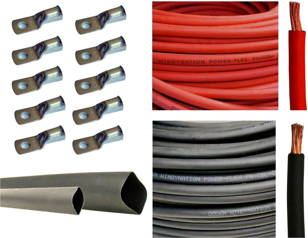 6 Gauge 25 Feet Red + 25 Feet Black Pure Copper Flexible Cable with 10pcs 3/8" Tinned Copper Cable Lug Terminals and 3 Feet Heat Shrink Tubing X585