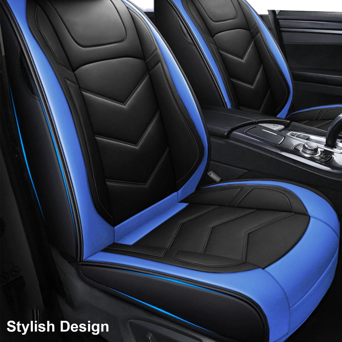 Black Blue Waterproof PU Leather 5 Seats Car Seat Covers Full Set R61925