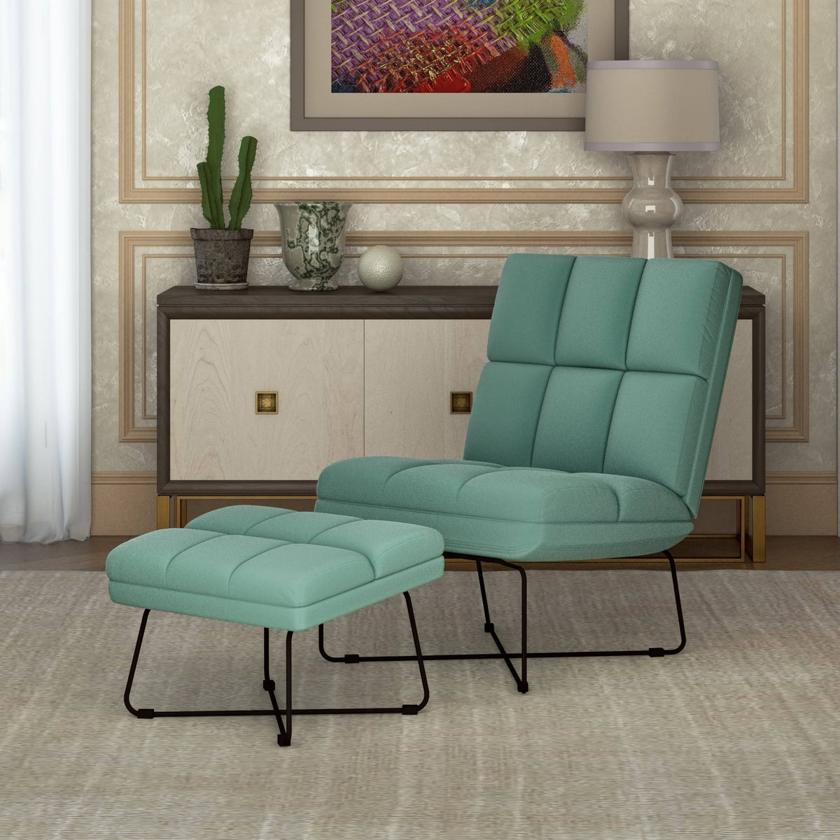 Turquoise Blue Armless Chair and Ottoman D423
