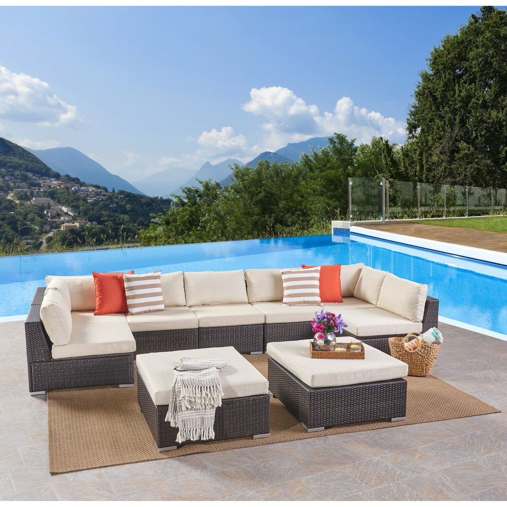 Multibrown + Beige Cushion 7 Seater Wicker Sectional Sofa Set F7732