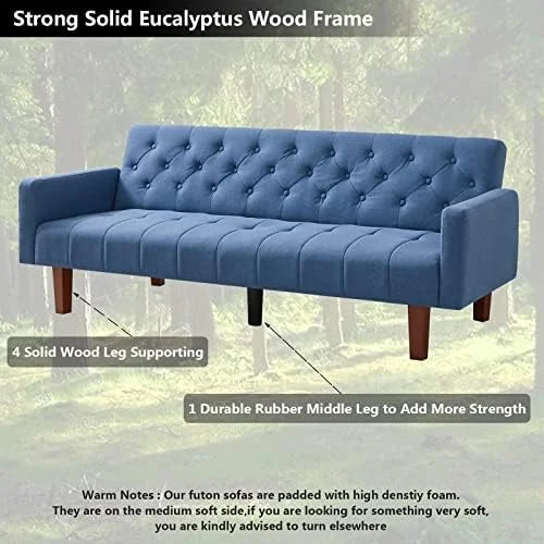 Blue Tufted Linen Convertible Futon Sofa Bed Twin Size with Solid Wood Legs H20292