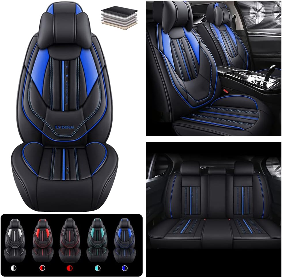 Black Blue Leather 5 Seats Full Set Waterproof Car Seat Covers C939789