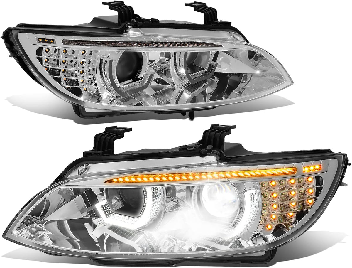 Dual Animated Start-Up Halo Sequential LED Turn Signal Projector HID Headlights, Chrome Housing Q123