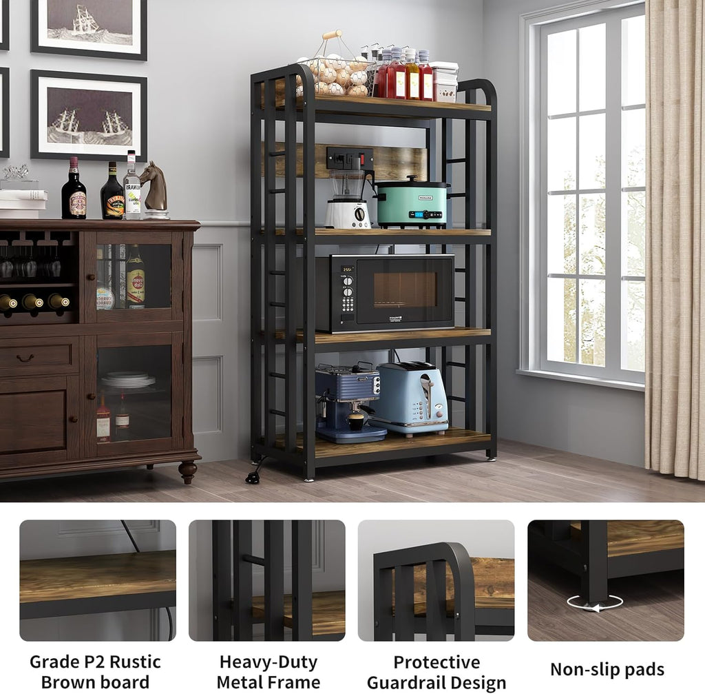 Rustic Brown 4-Tier Kitchen Baker's Rack with Power Outlet A84672