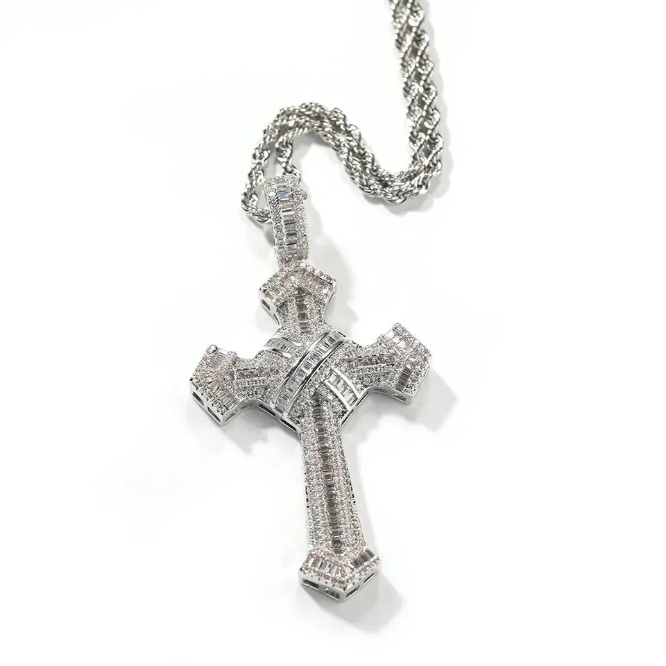 14K Gold Simulated Diamond Cross Pendant Necklace U8369