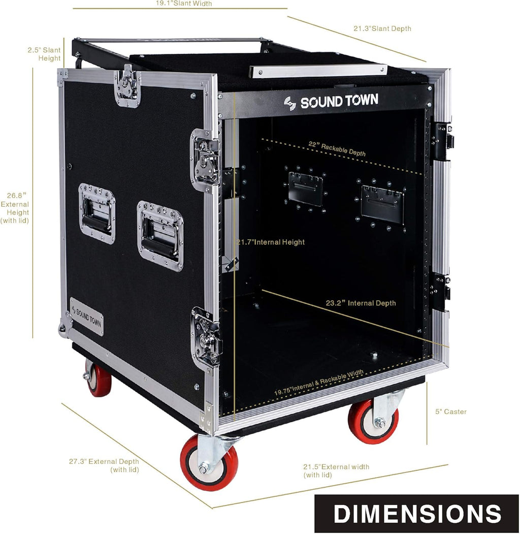 12U PA DJ Rack Case with Slant Mixer Top and Casters W445