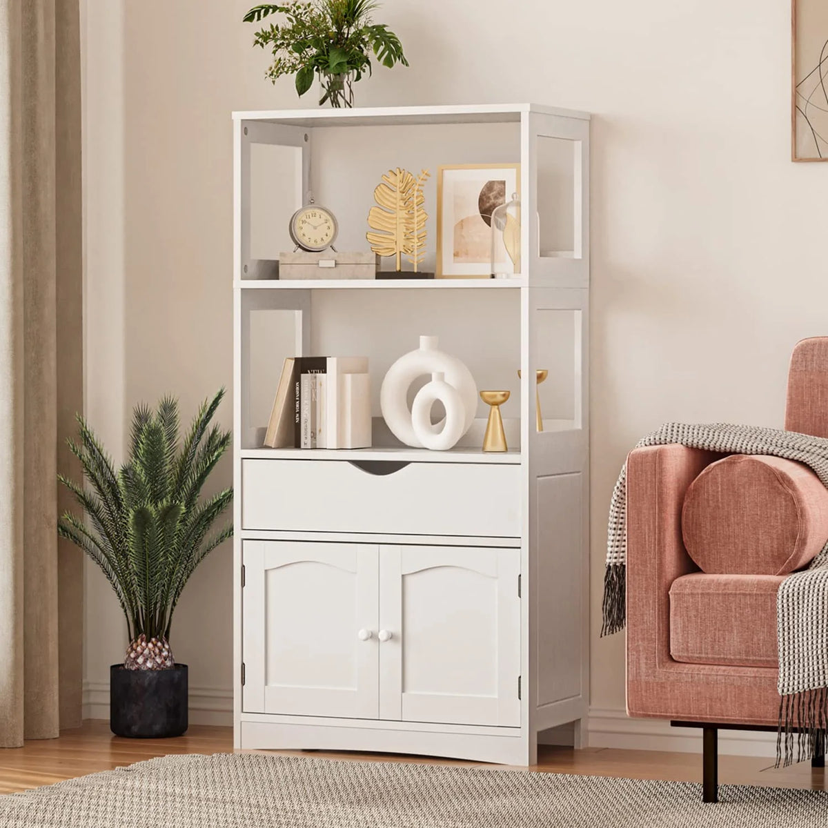 White Freestanding Sideboard Storage Cabinet with 2 Open Shelves, 1 Drawer & 1 Cupboard C99504